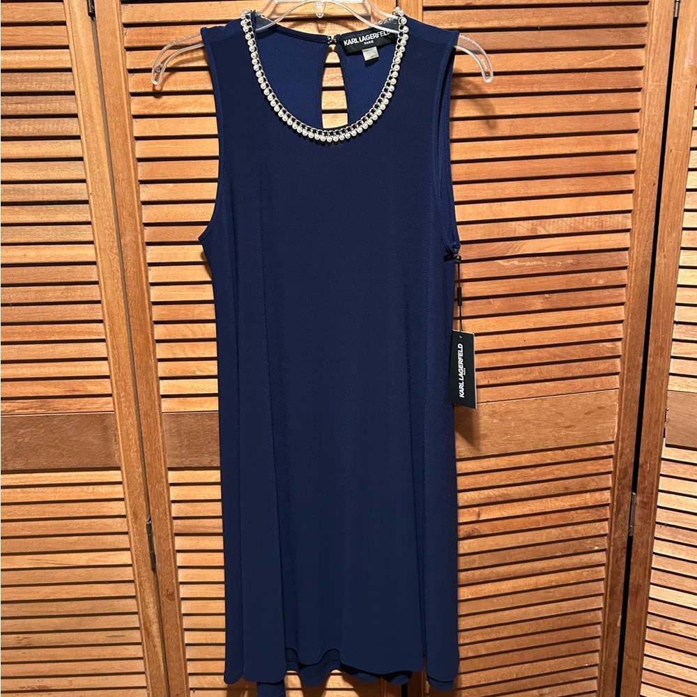Karl Lagerfeld Elegant Navy Blue Dress with Pearl & Silvertone Embellished Trim